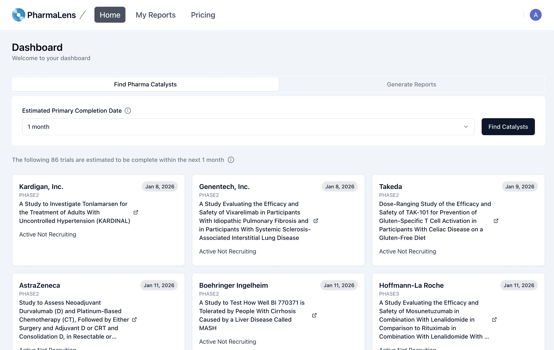 Find Catalyst tool interface showing clinical trial completion dates